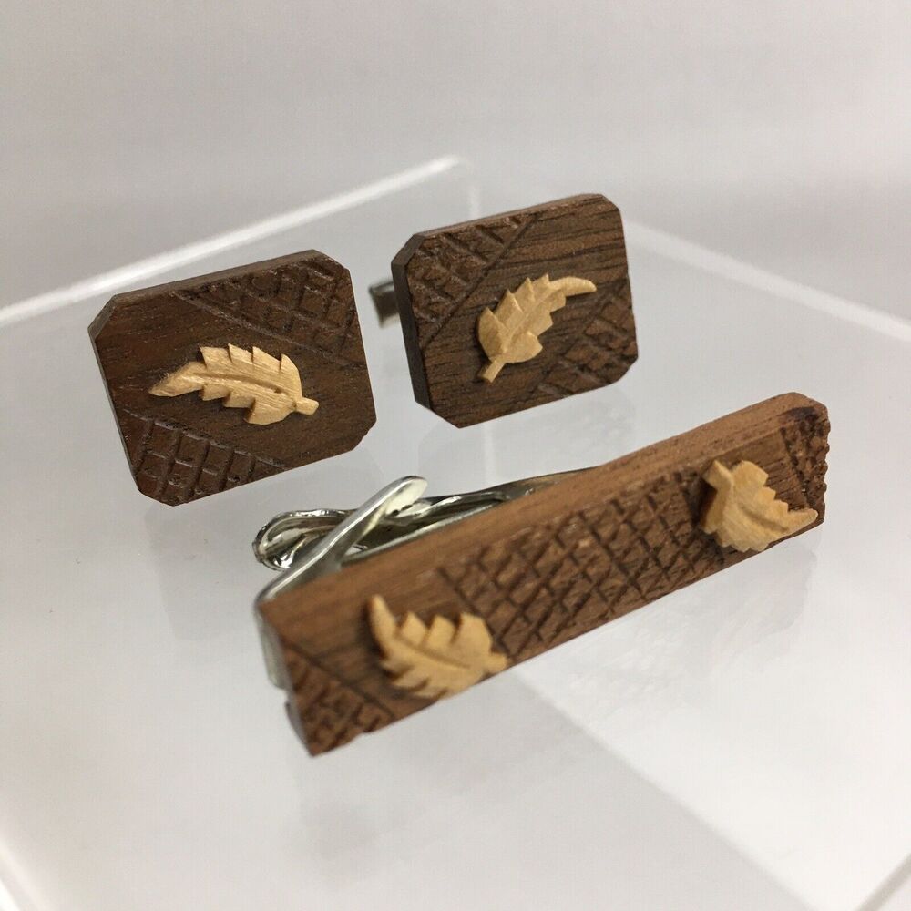 Vintage Etched Wood Leaf Cufflinks & Tie Clip Wooden Leaves Layered Modern H1